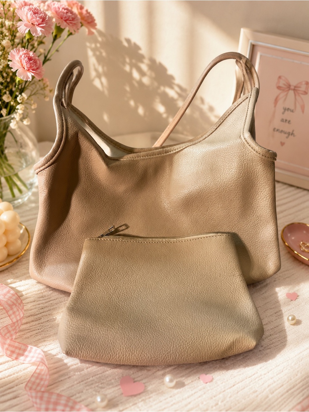 Super soft Everyday Leather Bag with Matching Pouch - Neutral Beige